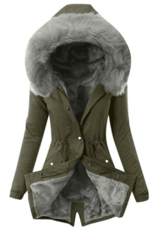 Abrigo de invierno con capucha Irene de Bergmann Atelier en color oscuro, con diseño acolchado y cierre frontal.