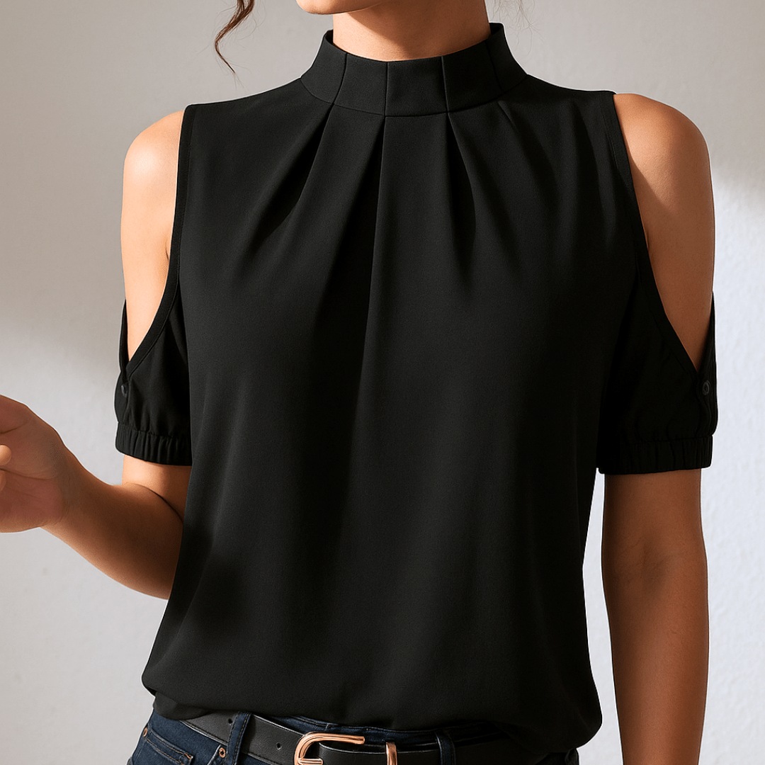 Inga | Blusa Negra Plisada con Hombros Abiertos