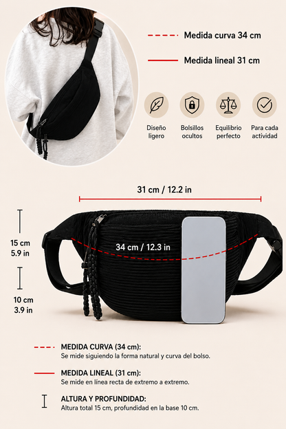 Bolso bandolera de pana de la marca Vera Serrat, con correa ajustable y diseño elegante en color neutro.