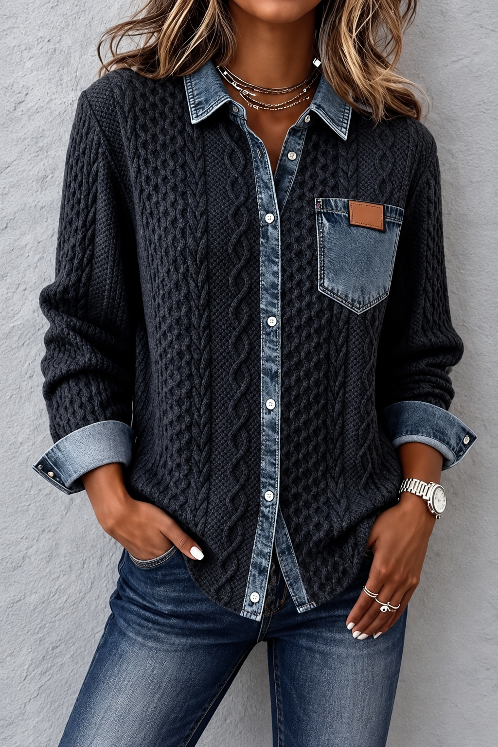 Cárdigan de Punto Trenzado con Detalles Denim
