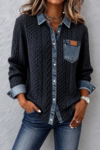 Cárdigan de Punto Trenzado con Detalles Denim