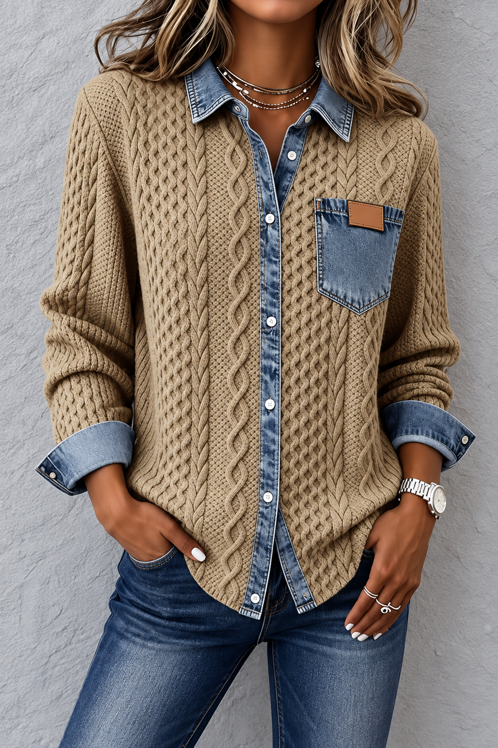 Cárdigan de Punto Trenzado con Detalles Denim