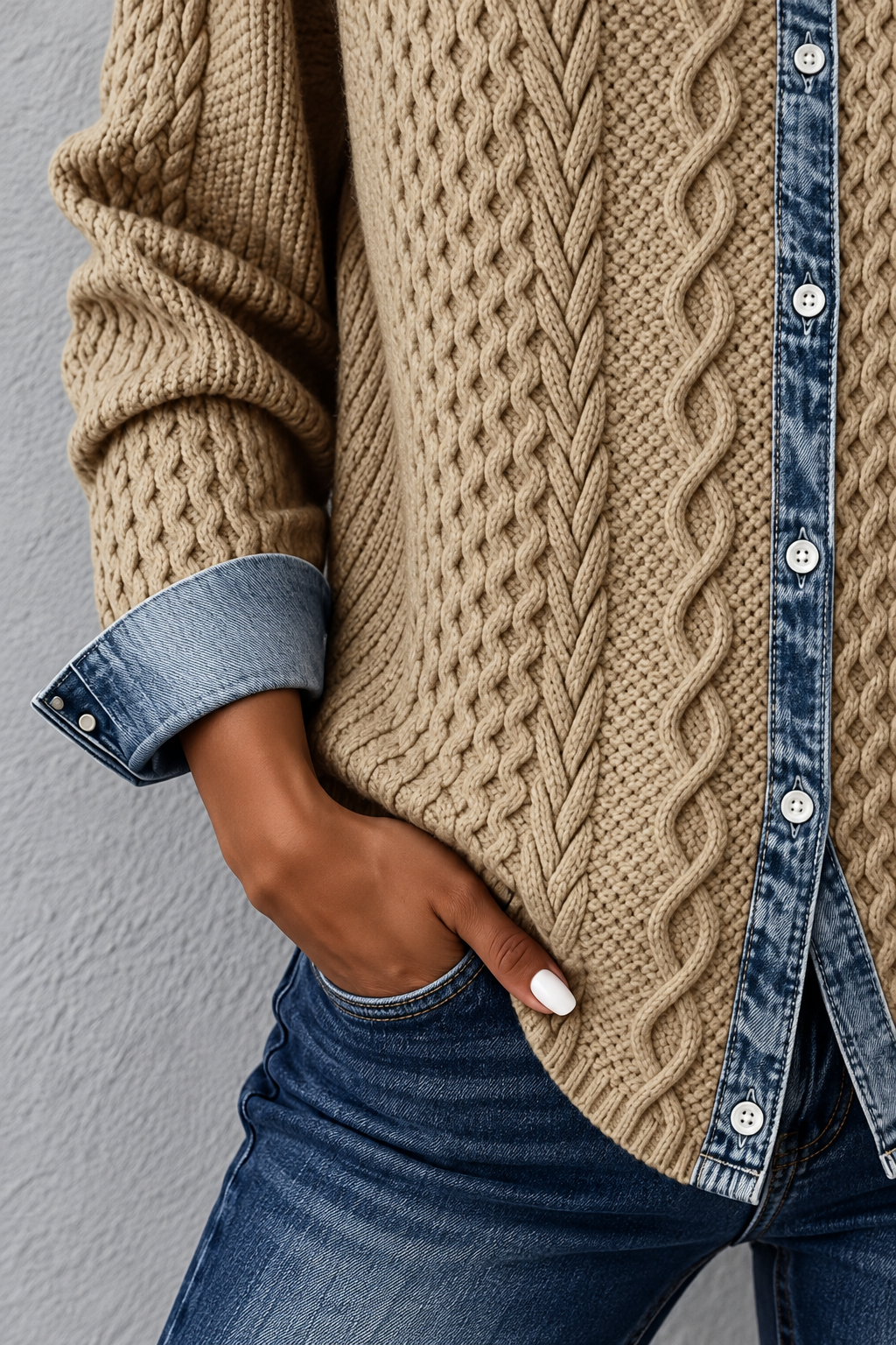 Cárdigan de Punto Trenzado con Detalles Denim