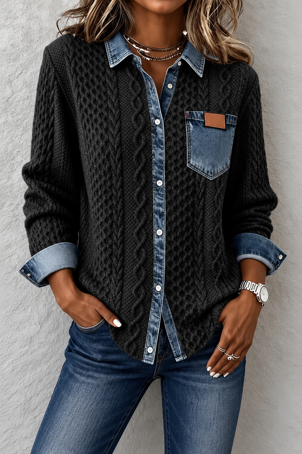 Cárdigan de Punto Trenzado con Detalles Denim