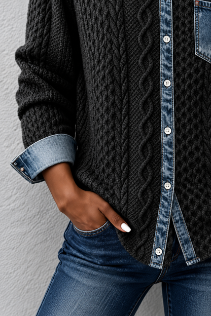 Cárdigan de Punto Trenzado con Detalles Denim