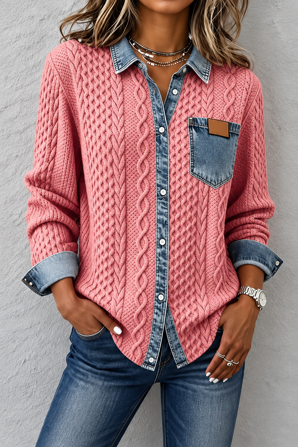 Cárdigan de Punto Trenzado con Detalles Denim