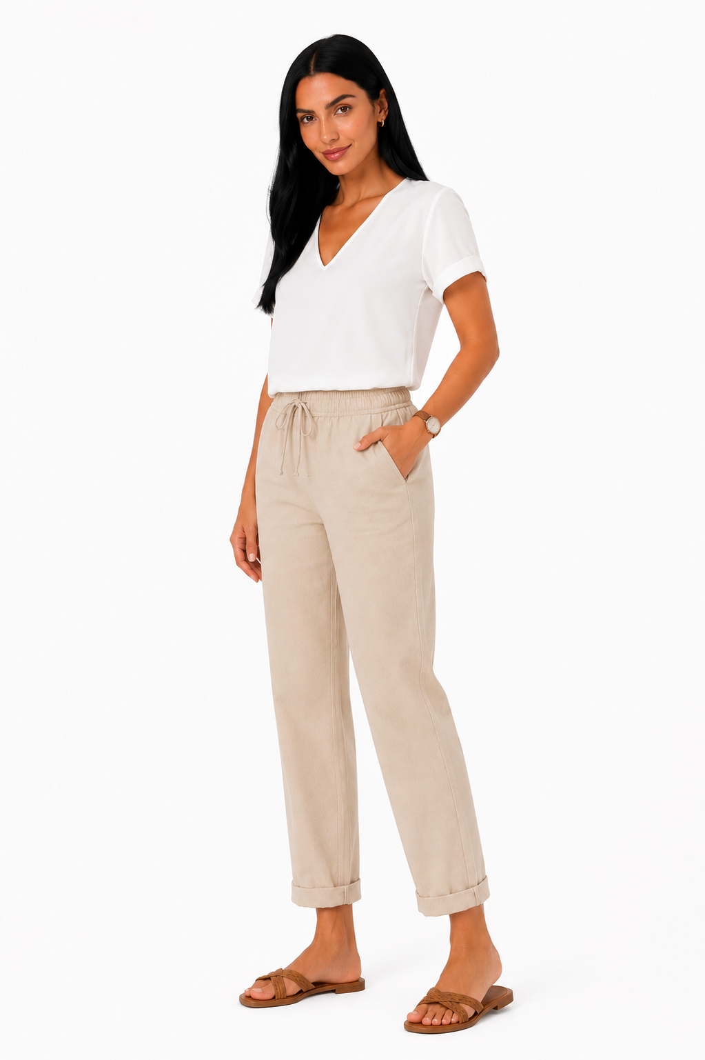 Pantalón fluido con cintura elástica de Vera Serrat, pantalón cómodo y elegante en color neutro, vista frontal.