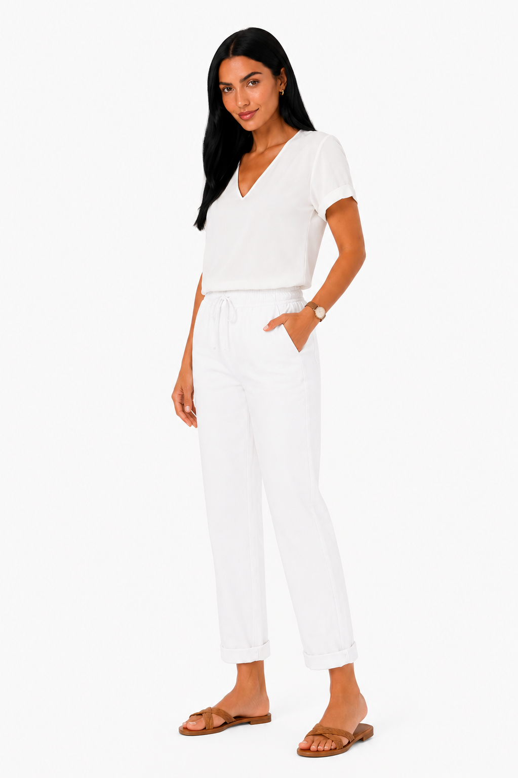 Pantalón fluido con cintura elástica de Vera Serrat, de tela suave y cómodo ajuste, en color negro.
