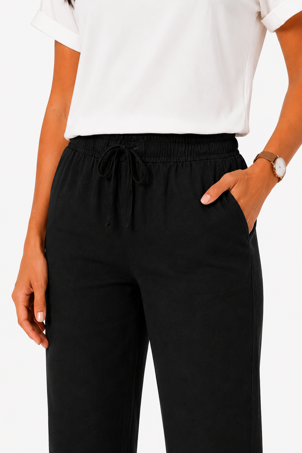 Pantalón fluido de Vera Serrat con cintura elástica, en color oscuro, tejido ligero y cómodo para uso diario.