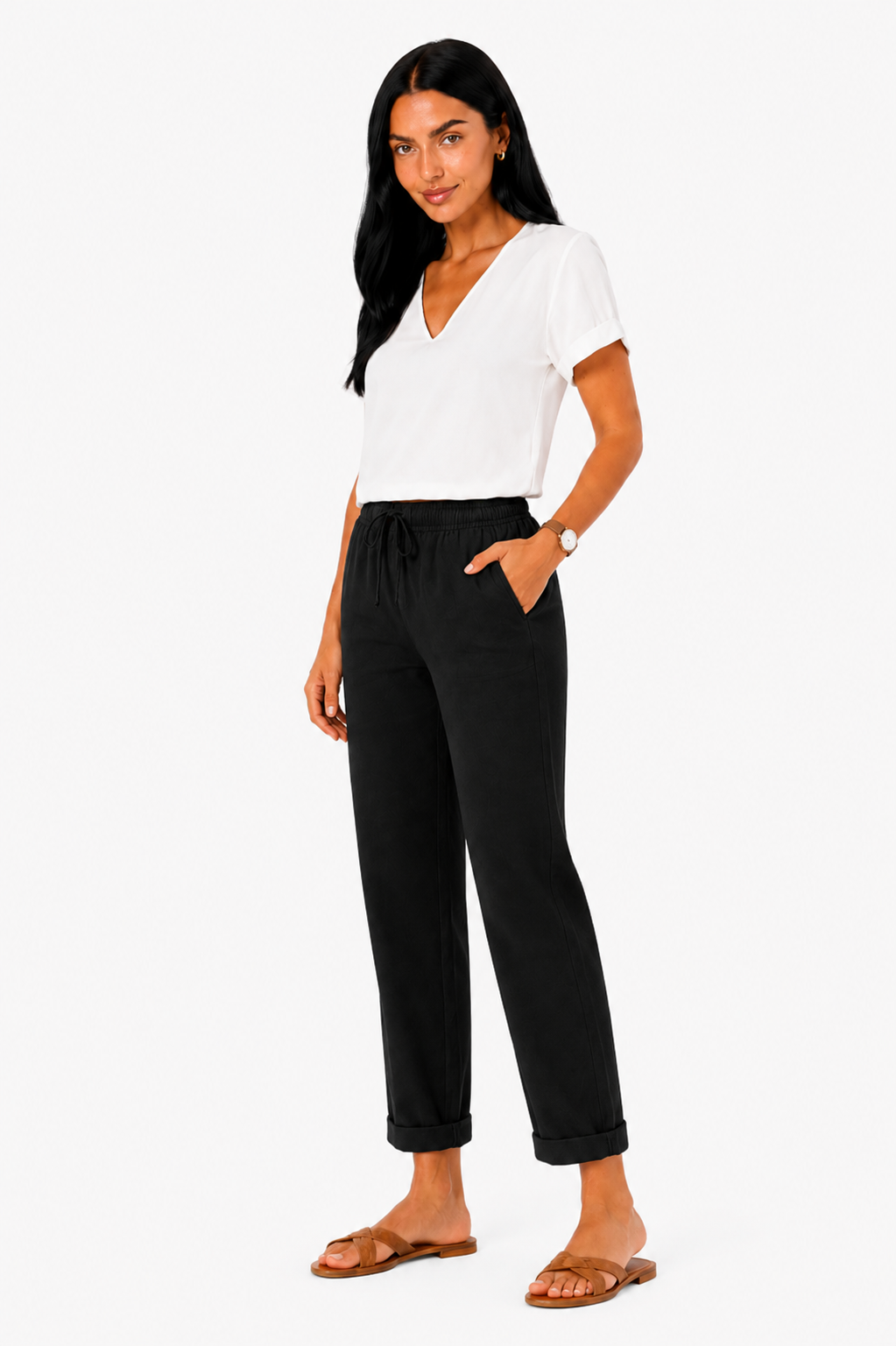 Pantalón fluido con cintura elástica de Vera Serrat, tela suave y cómoda, en color neutro, vista frontal del producto.