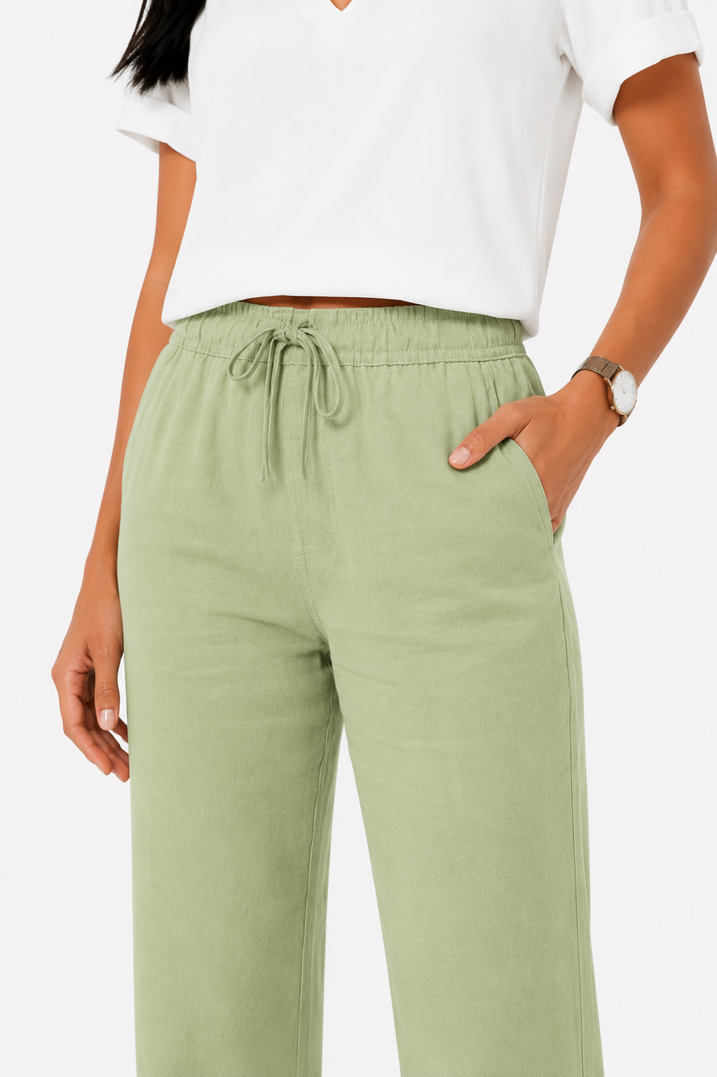 Pantalón fluido con cintura elástica de Vera Serrat, en color neutro, mostrando su diseño cómodo y elegante.