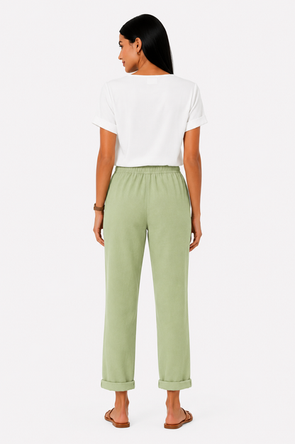 Pantalón fluido con cintura elástica de Vera Serrat, diseño cómodo y elegante en color neutro.