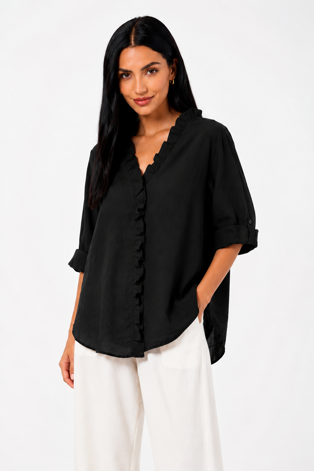 Camisa de algodón y lino con volantes de la marca Vera Serrat, en color blanco, con detalles elegantes y femeninos.