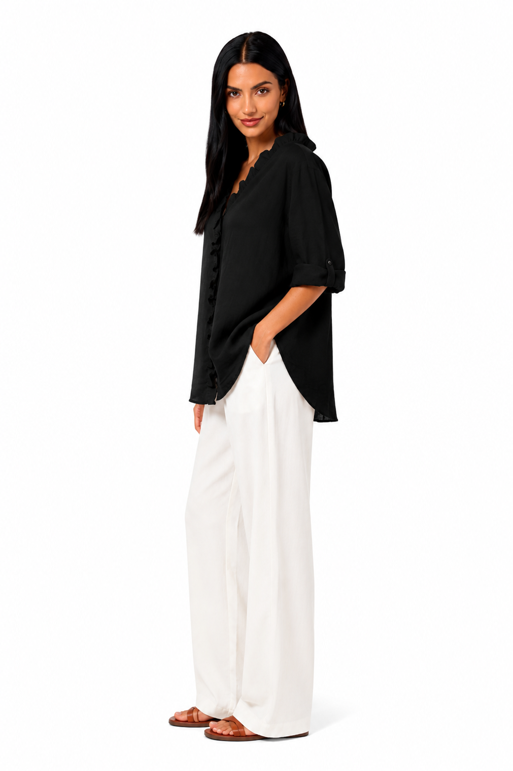 Camisa de algodón y lino con volantes de la marca Vera Serrat, en color blanco, con detalles elegantes y femeninos.