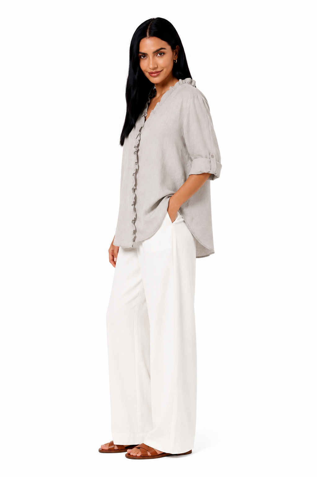 Camisa de algodón y lino con volantes de la marca Vera Serrat, en color blanco con detalles delicados y diseño elegante.
