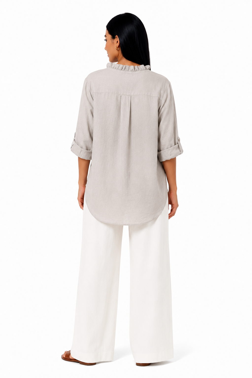 Camisa de algodón y lino con volantes de la marca Vera Serrat, diseño elegante y fresco para mujer.
