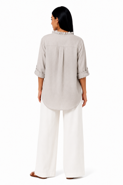 Camisa de algodón y lino con volantes de la marca Vera Serrat, diseño elegante y fresco para mujer.