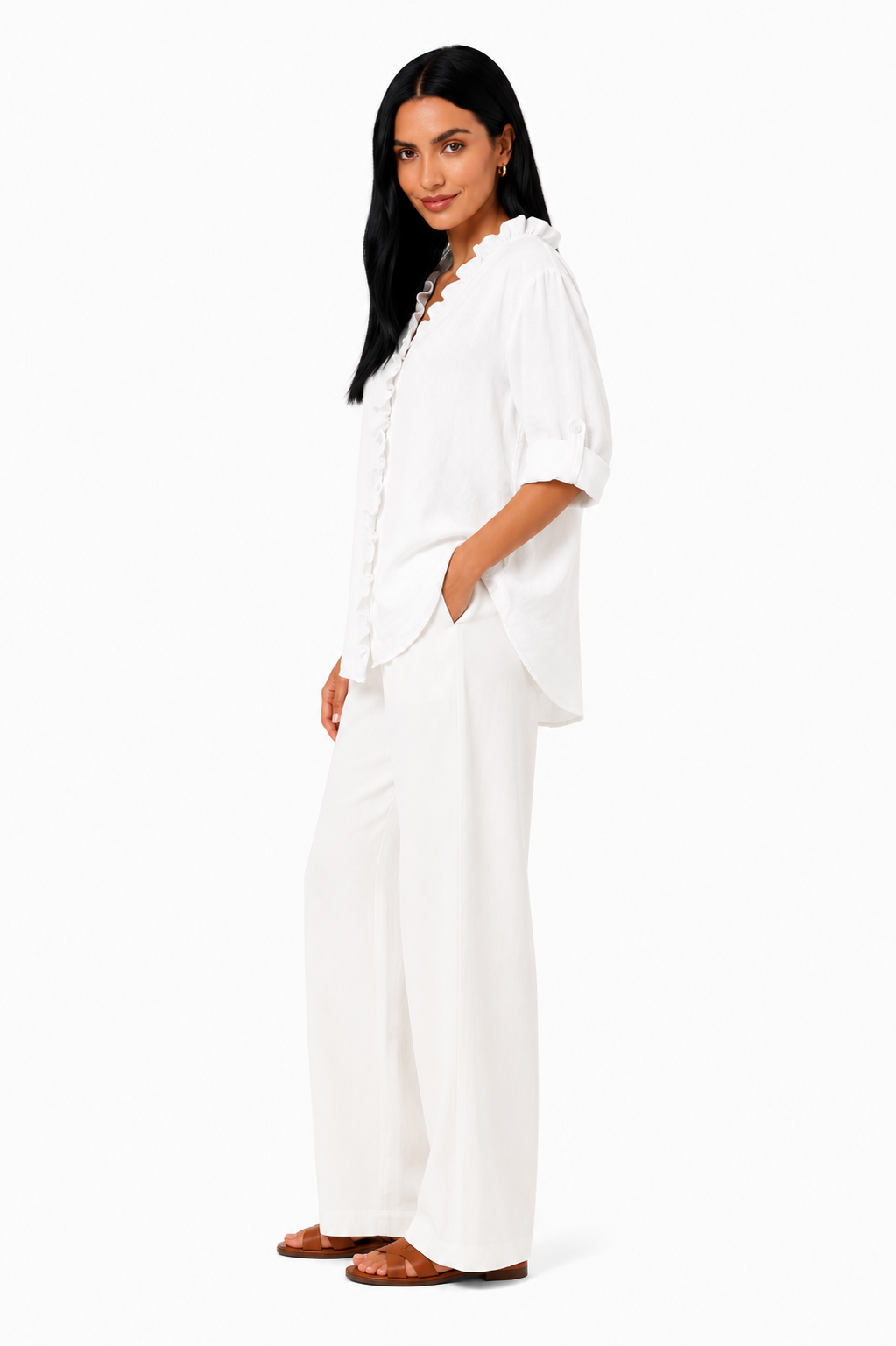 Camisa de algodón y lino con volantes de la marca Vera Serrat, en color blanco, con detalles de tela ligera y elegante.
