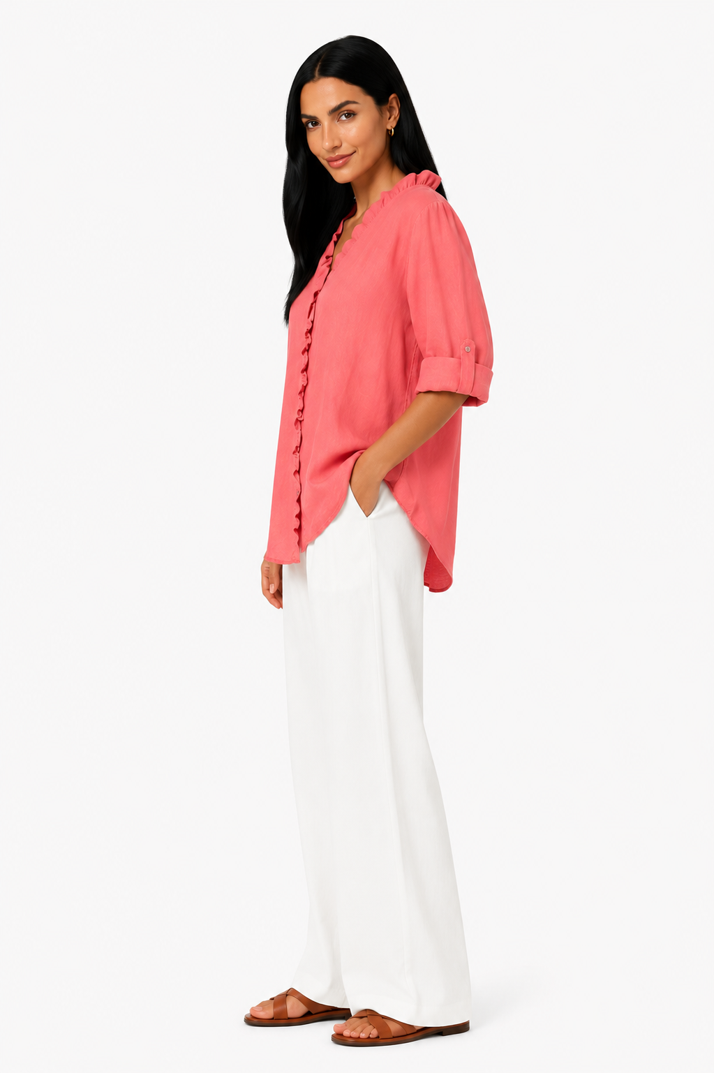 Camisa de algodón y lino con volantes de la marca Vera Serrat, en color blanco y diseño elegante.