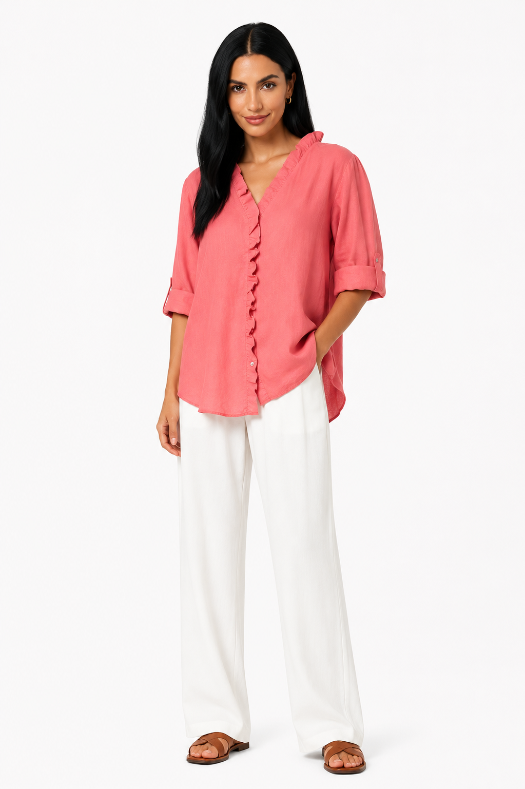 Camisa de algodón y lino con volantes de la marca Vera Serrat, diseño elegante y femenino, en tonos claros.