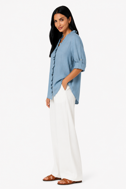 Camisa de algodón y lino con volantes de la marca Vera Serrat, estilo elegante y cómodo para mujer.