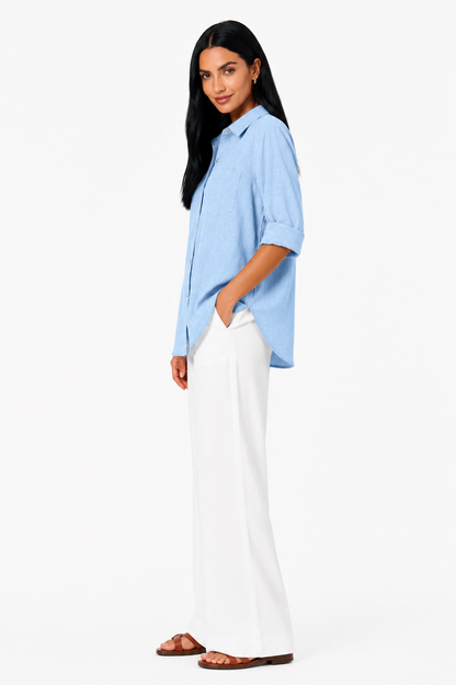 Blusa de lino premium Eva de Vera Serrat, con diseño elegante y tejido ligero en color neutro, ideal para verano.