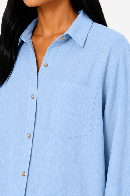 Blusa de lino premium Eva de Vera Serrat, diseño elegante y cómodo, en color neutro, mostrada en imagen.