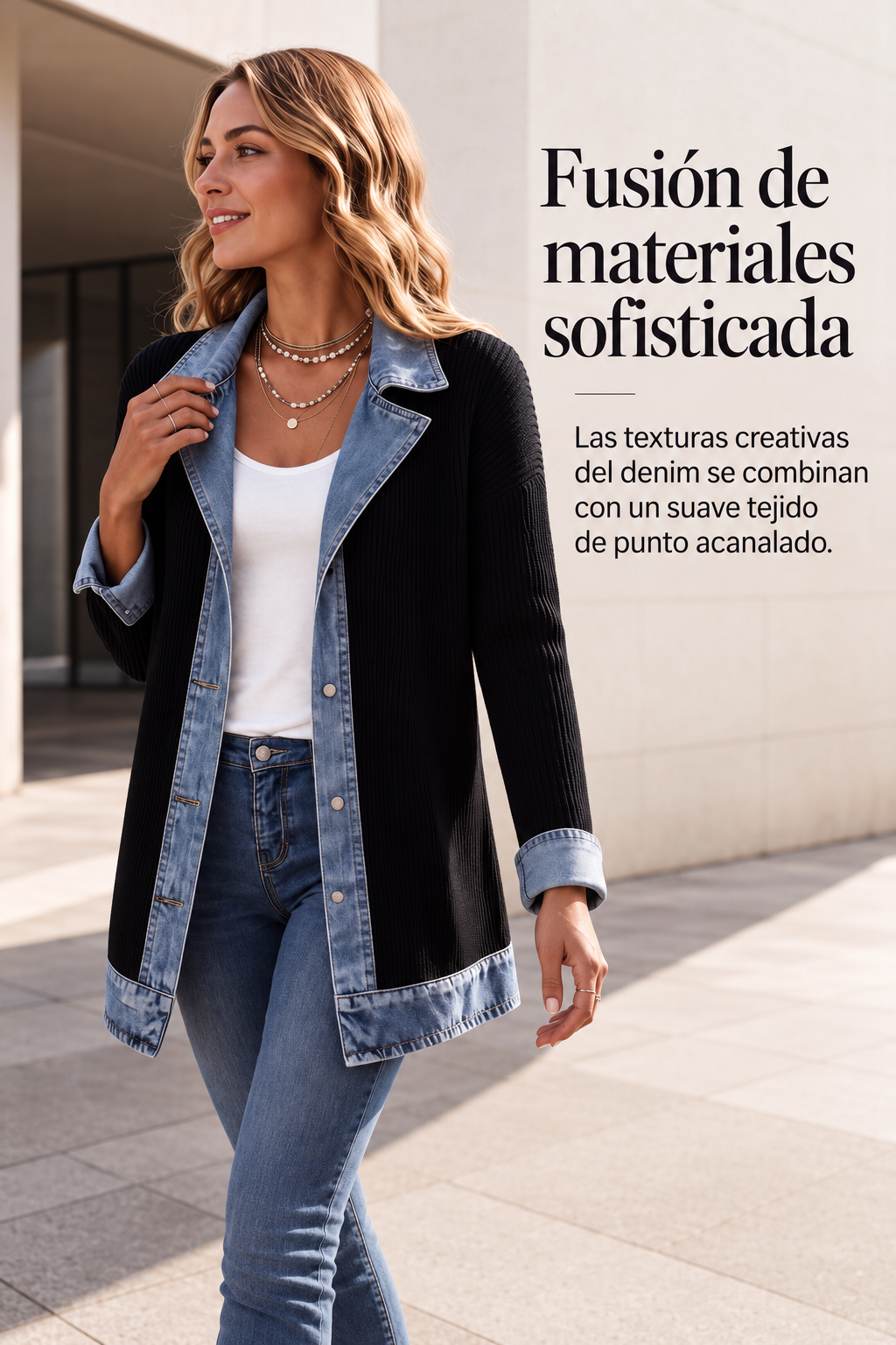 Alba | Camisa de Punto Canalé con Detalles Denim
