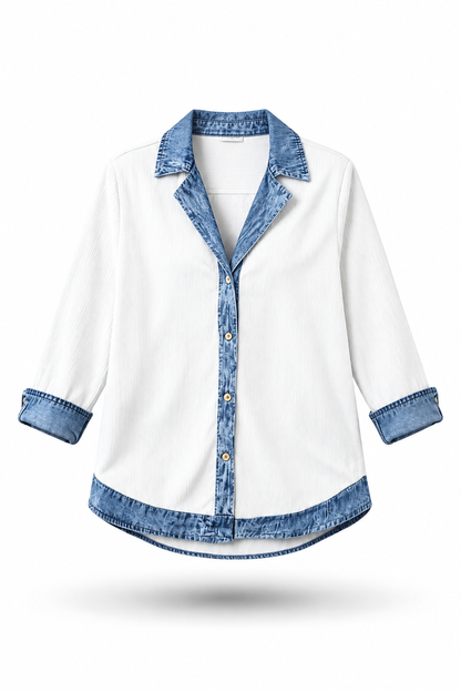 Alba | Camisa de Punto Canalé con Detalles Denim