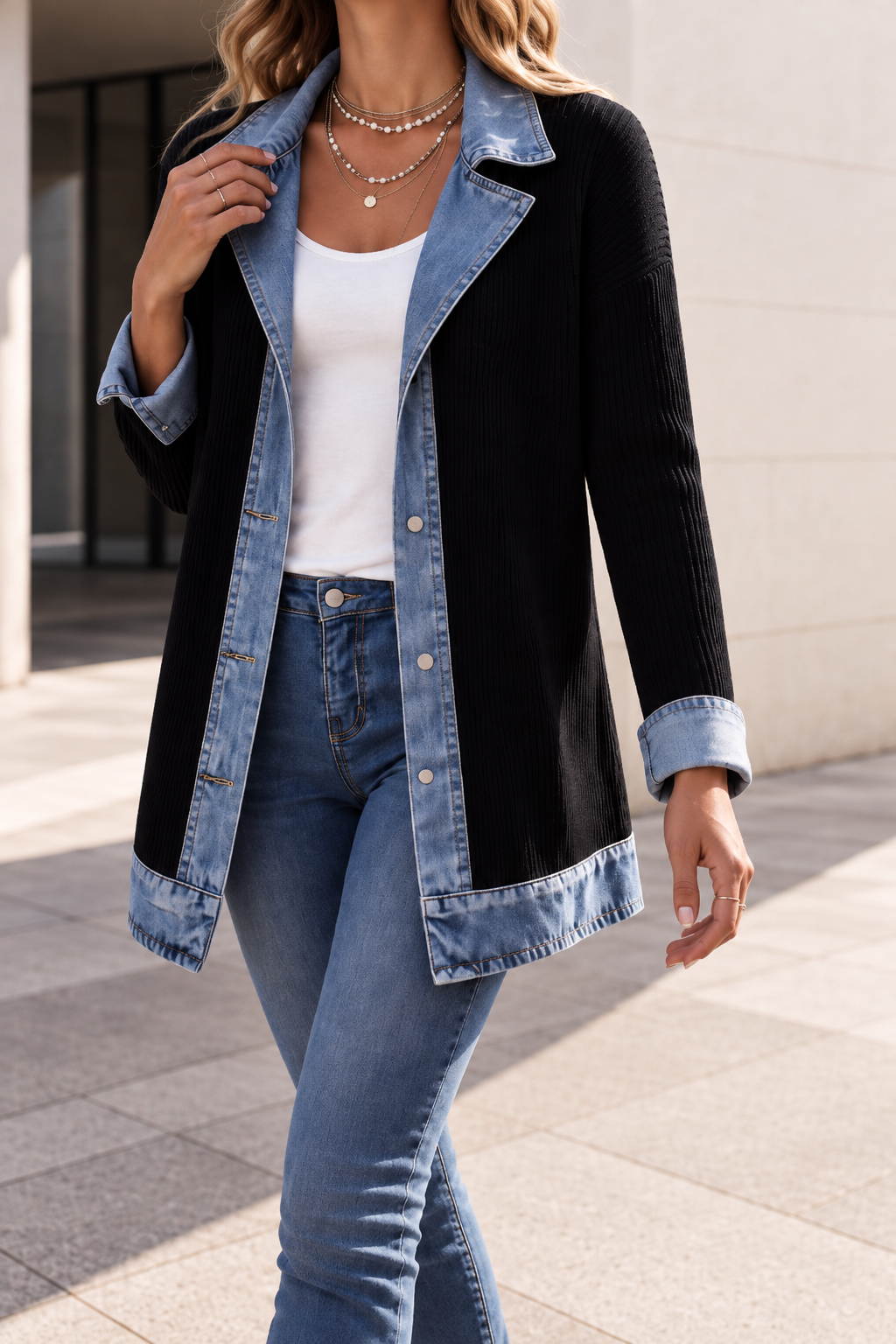 Alba | Camisa de Punto Canalé con Detalles Denim