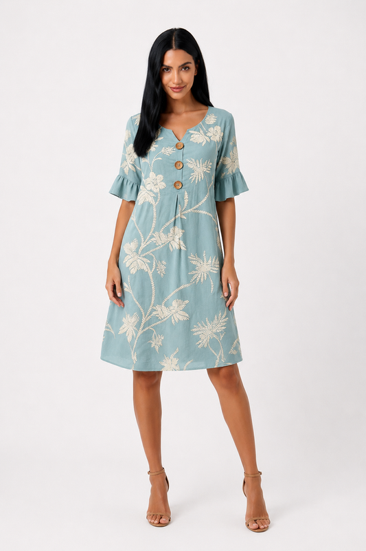 Vestido Serena de Vera Serrat con diseño elegante, en tonos suaves y detalles de encaje, ideal para ocasiones especiales.