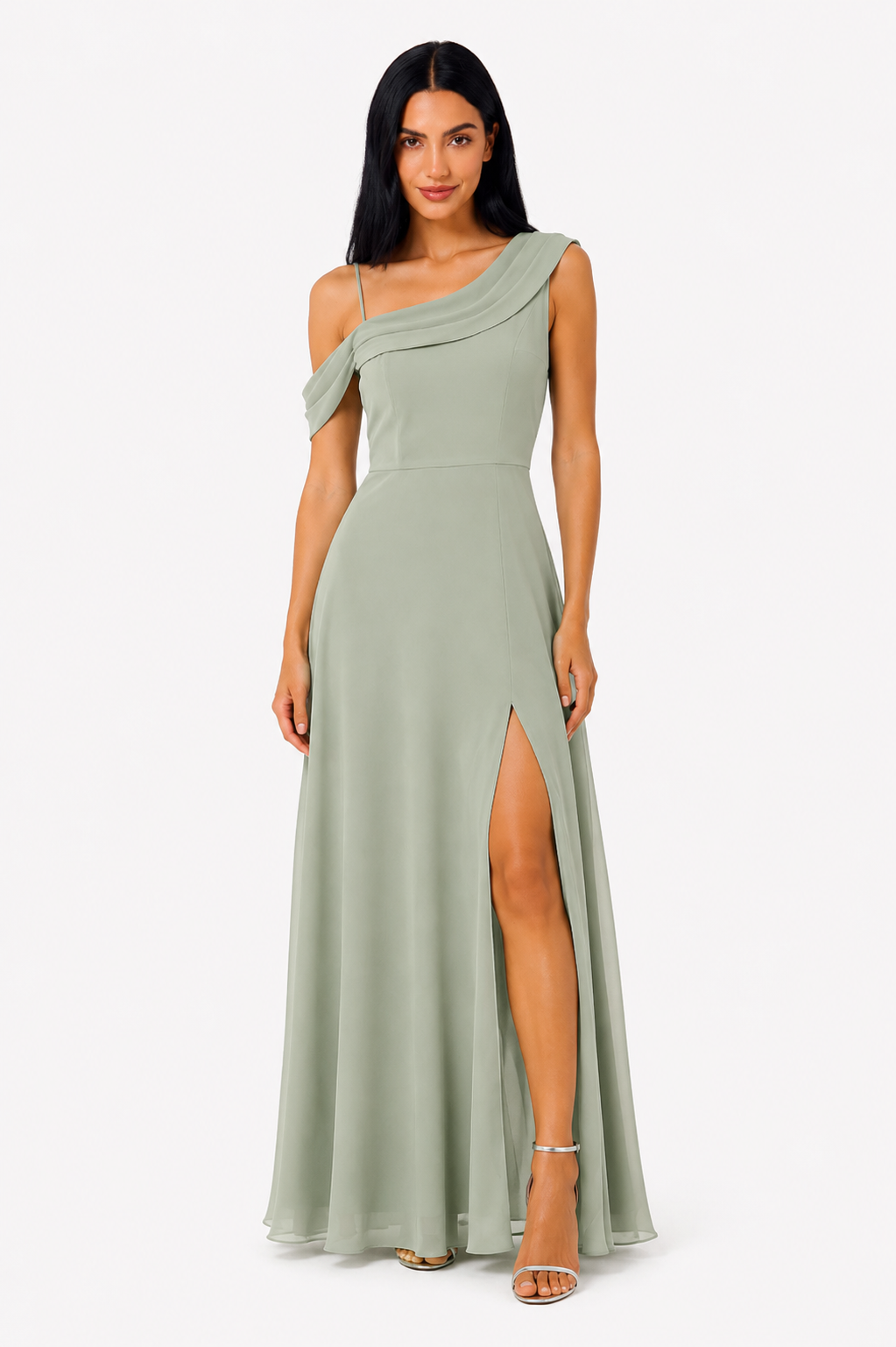 Vestido largo asimétrico de un hombro con detalles plisados de la marca Vera Serrat, en color elegante y diseño moderno.