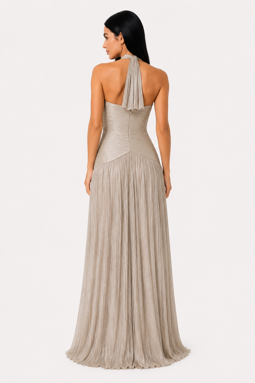 Vestido largo de gasa plisada Juliette de la marca Sma, con diseño elegante y fluido, ideal para ocasiones especiales.