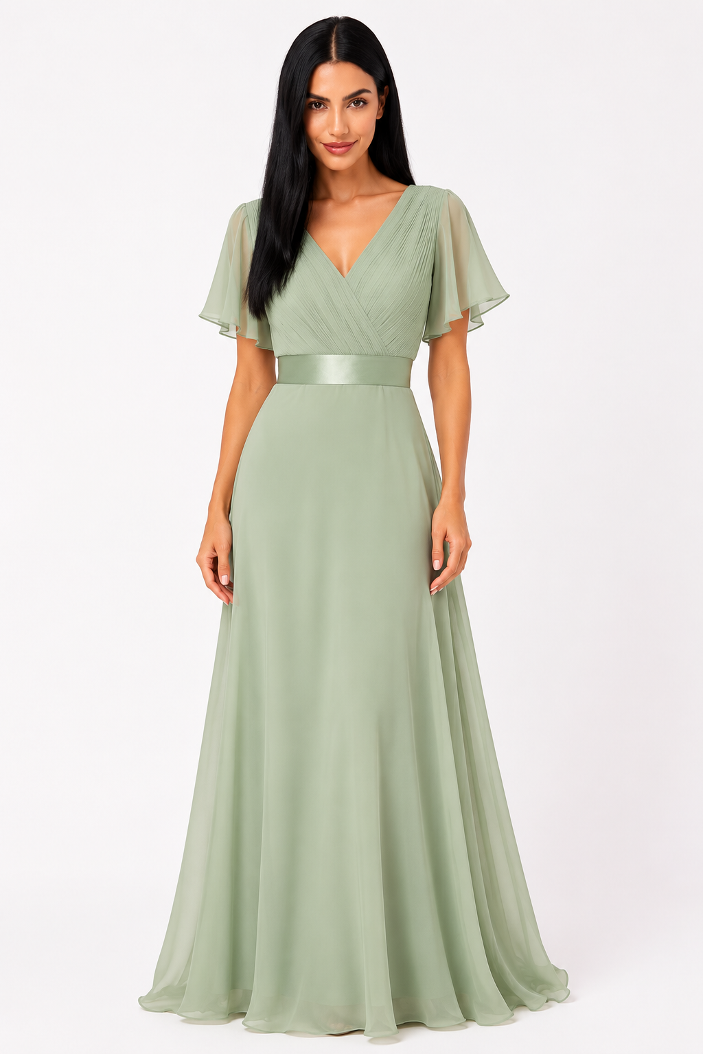 Vestido de gasa elegante de talle alto de la marca Vera Serrat, con diseño sofisticado y detalles delicados.