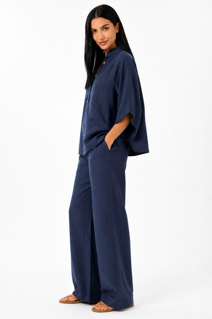 Conjunto de lino fluido Maribel de Vera Serrat, con blusa y pantalón ancho en color suave, ideal para looks elegantes y cómodos.