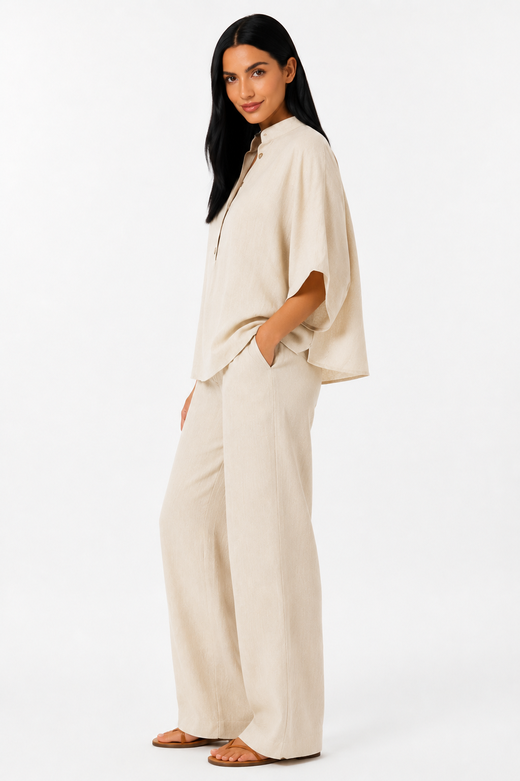 Conjunto de lino fluido Maribel de Vera Serrat, blusa y pantalón ancho en estilo elegante y cómodo.