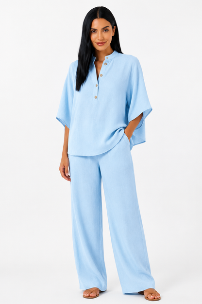 Conjunto de lino fluido Maribel de Vera Serrat con blusa y pantalón ancho en tonos suaves, ideal para un estilo cómodo y elegante.
