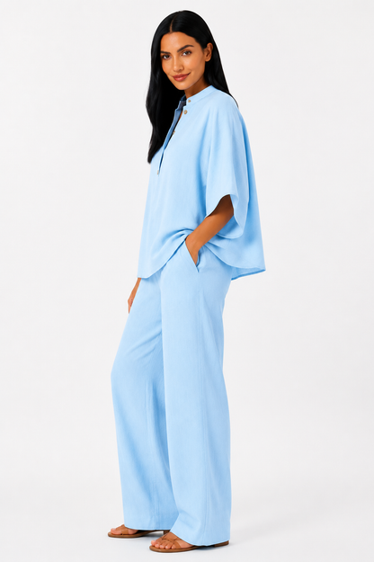 Conjunto de lino fluido Maribel de Vera Serrat, blusa y pantalón ancho en tejido ligero y cómodo para mujer.