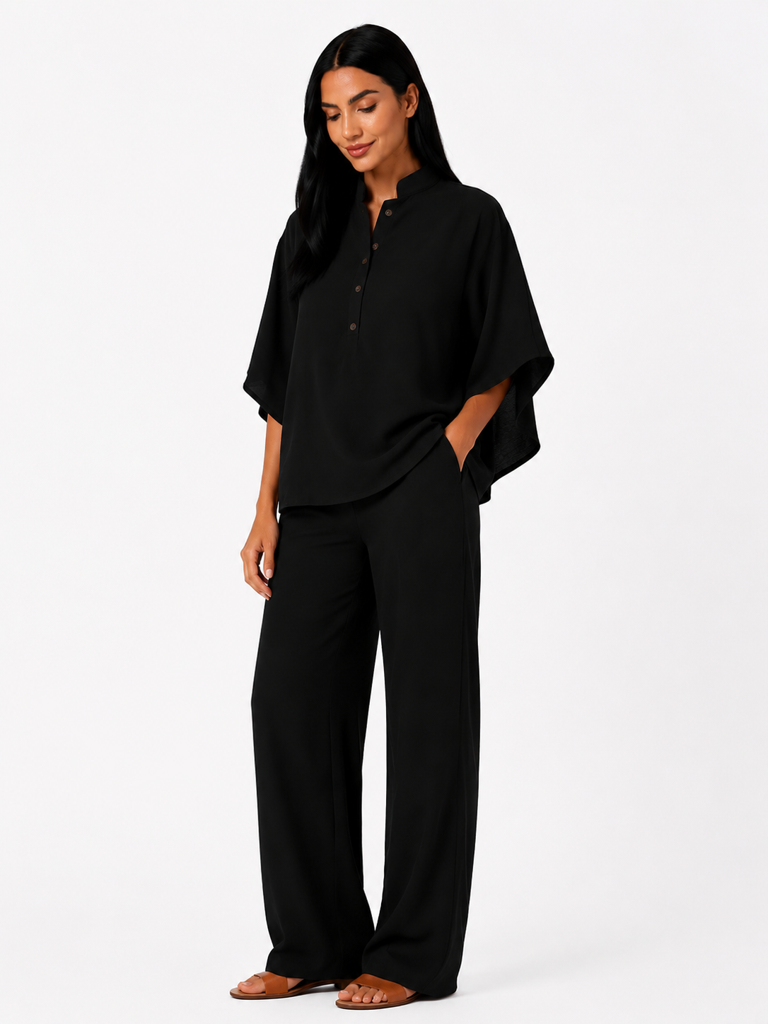 Conjunto de lino fluido Maribel de Vera Serrat, blusa y pantalón ancho en color suave, tejido ligero y elegante.