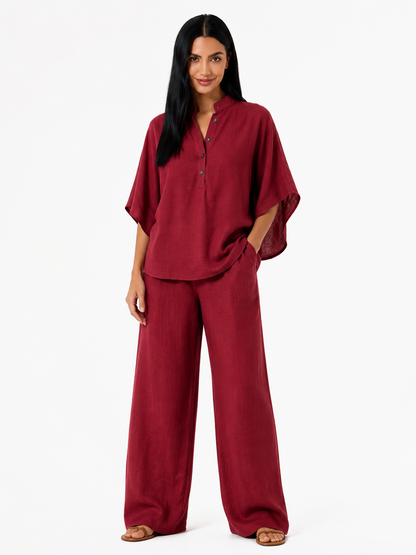Conjunto de lino fluido Maribel de Vera Serrat, blusa y pantalón ancho en tejido ligero y cómodo.