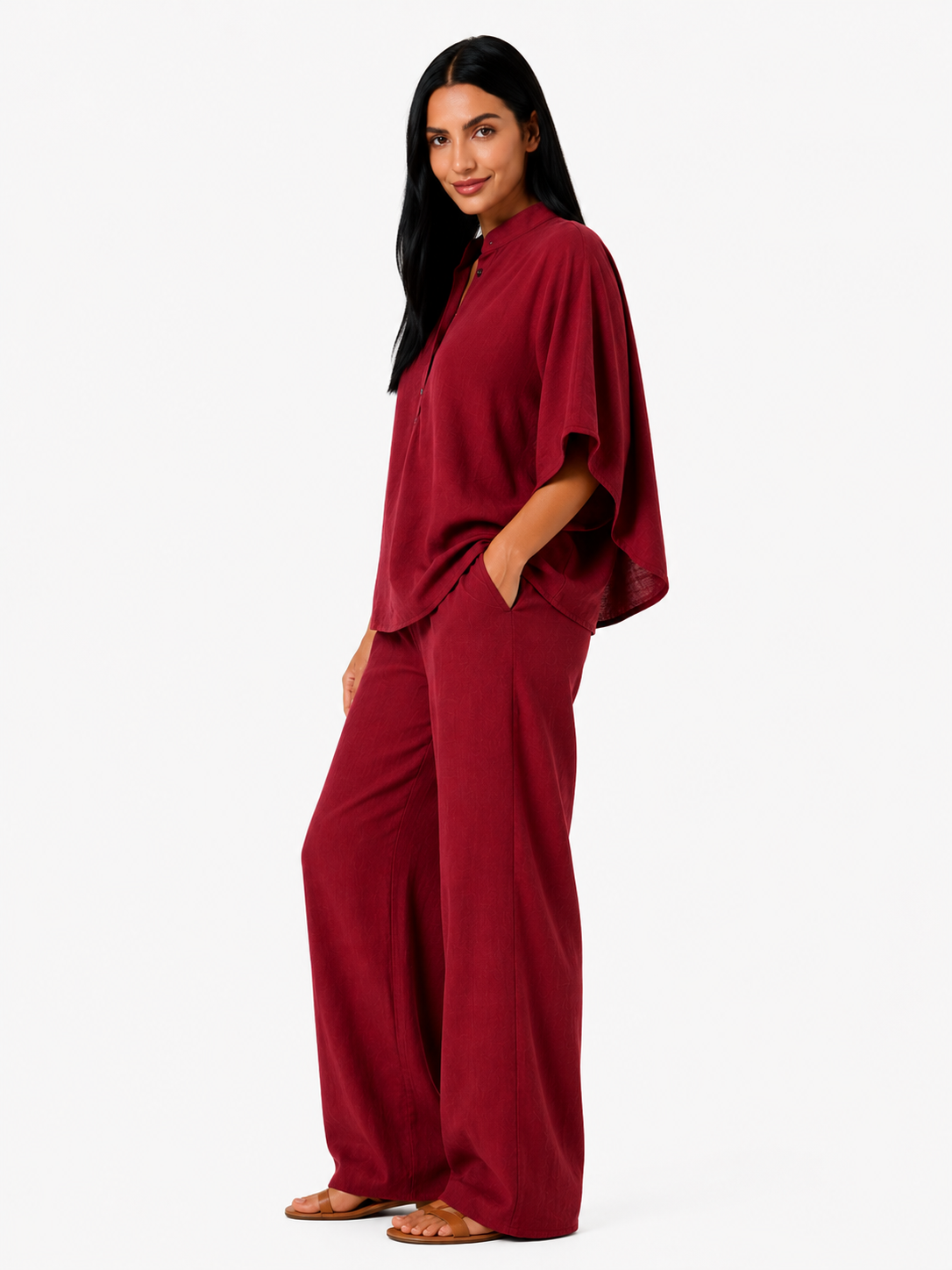 Conjunto de lino fluido Maribel de Vera Serrat, blusa y pantalón ancho en tonos suaves, ideal para looks elegantes y cómodos.