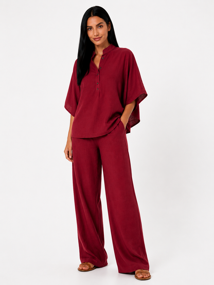 Conjunto de lino fluido Maribel de Vera Serrat con blusa y pantalón ancho en tonos suaves, ideal para un estilo cómodo y elegante.