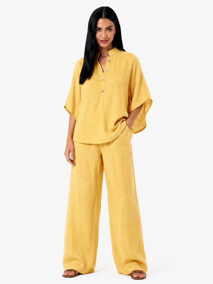 Conjunto de lino fluido Maribel de Vera Serrat, blusa y pantalón ancho en colores suaves y estilo elegante.
