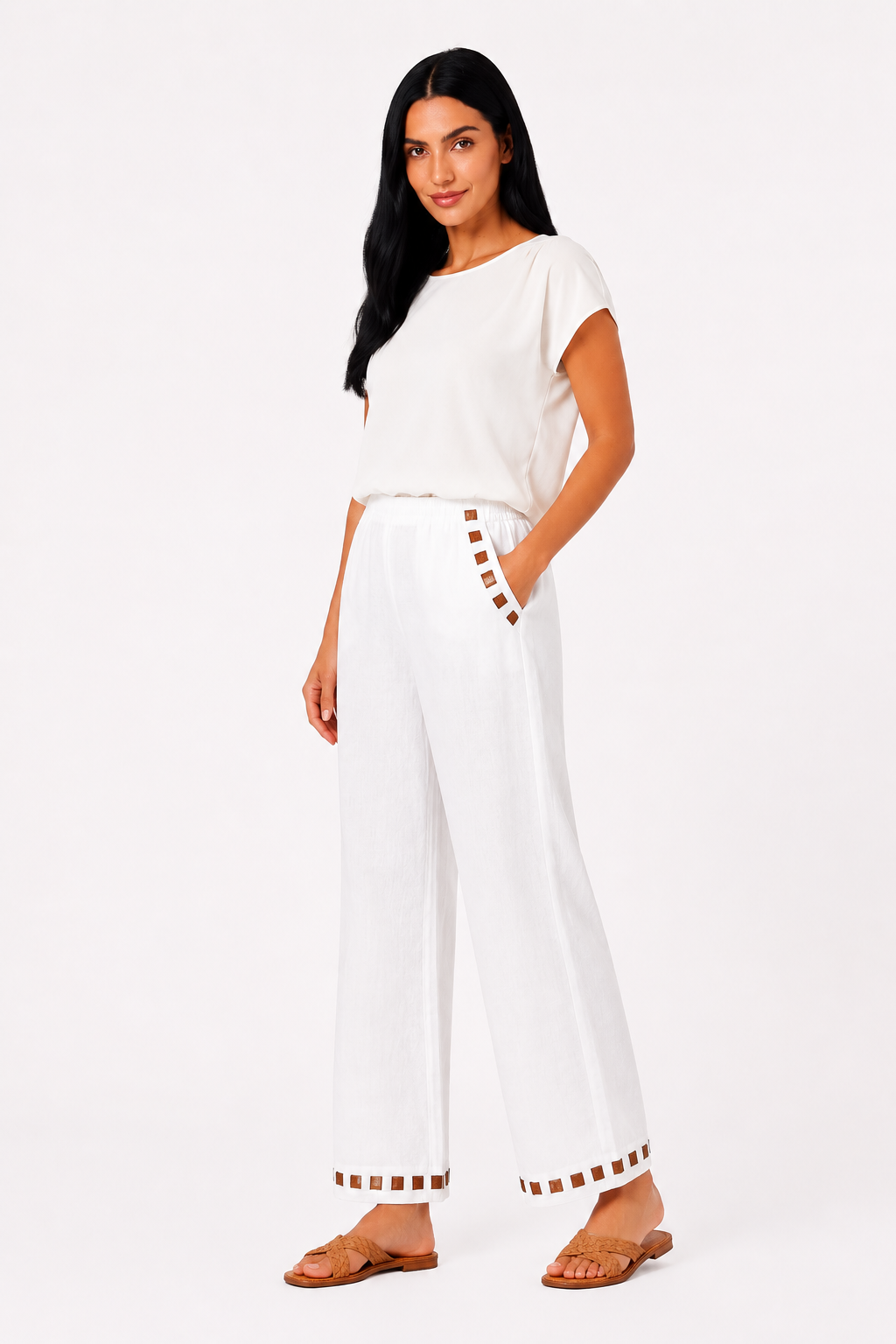 Pantalones de lino chic para mujer de Vera Serrat, pantalón largo con diseño elegante y cómodo en color neutro.