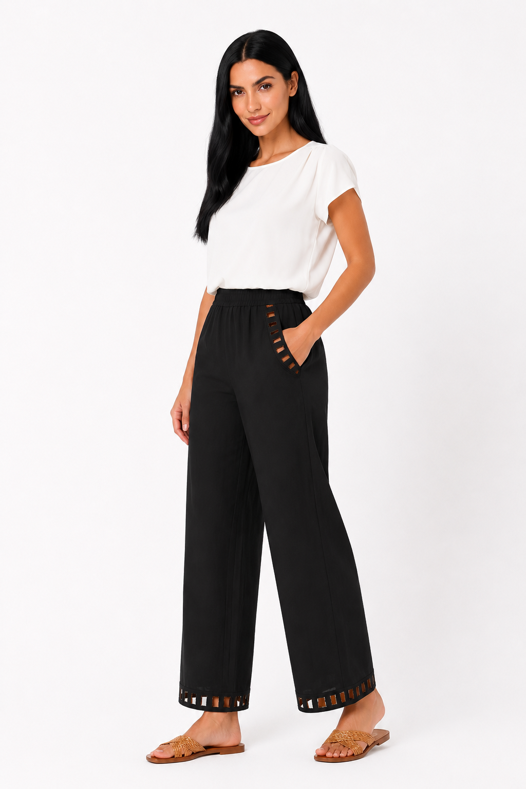 Pantalón de lino para mujer de la marca Vera Serrat, diseño chic y cómodo, en color neutro, visible en la imagen.