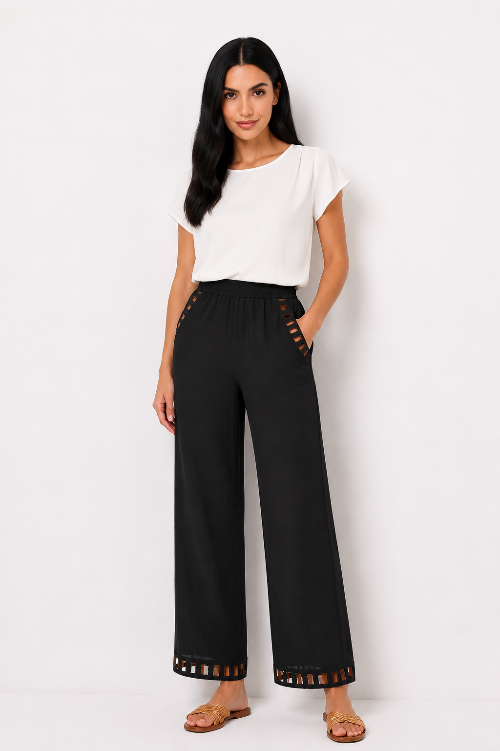 Pantalón de lino chic para mujer de la marca Vera Serrat, con diseño elegante y cómodo, en color neutro.
