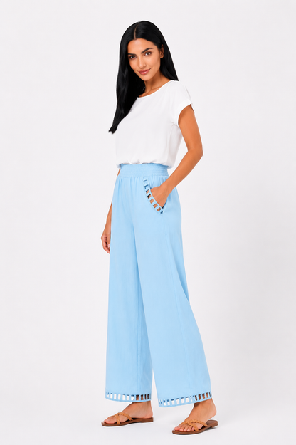 Pantalón de mujer de lino chic de la marca Vera Serrat, con diseño elegante y corte cómodo, en color neutro.