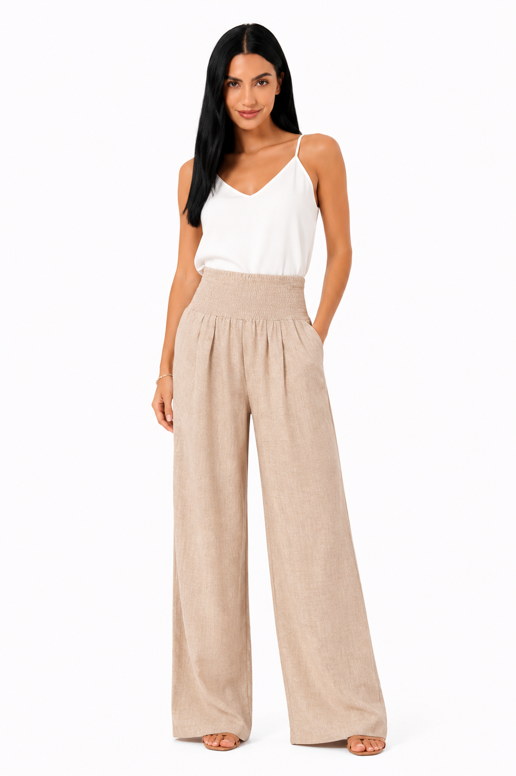 Pantalón de pierna ancha Vera Serrat Remi, pantalones de vestir con estilo fluido y cómodo, en color neutro.