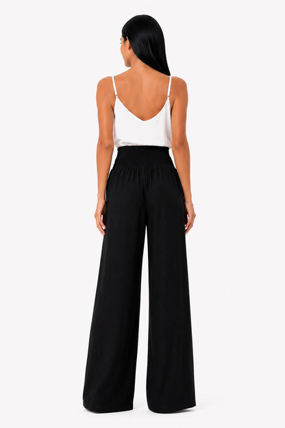 Pantalón de pierna ancha Vera Serrat Remi, pantalones tipo trousers en tela ligera y cómoda, color beige.