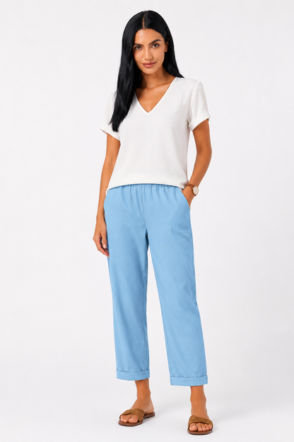 Pantalón recto de lino Aitana de Vera Serrat, pantalones ligeros con bolsillos, estilo casual y cómodo para mujer.